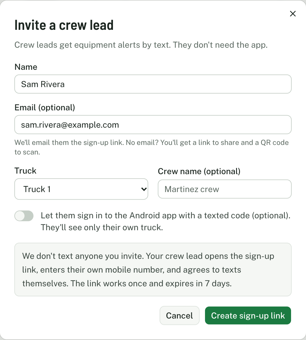 The LoadoutGuard "Invite a crew lead" form: fields for name, an optional email, truck, and crew name, an optional app sign-in switch, the note "We don't text anyone you invite. Your crew lead opens the sign-up link, enters their own mobile number, and agrees to texts themselves. The link works once and expires in 7 days.", and a "Create sign-up link" button. There is no phone number field.