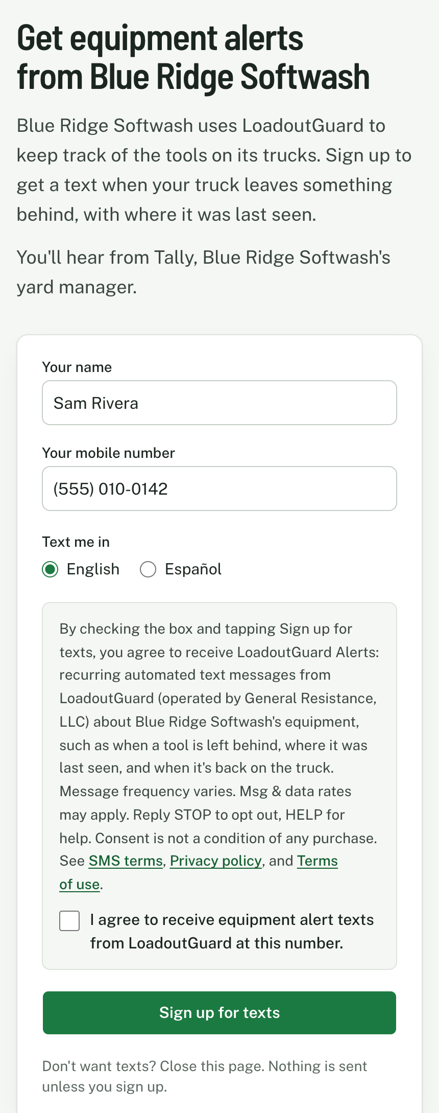 The LoadoutGuard sign-up page for Blue Ridge Softwash: fields for your name and your mobile number, the text message disclosure, an unchecked checkbox reading "I agree to receive equipment alert texts from LoadoutGuard at this number.", and a "Sign up for texts" button.