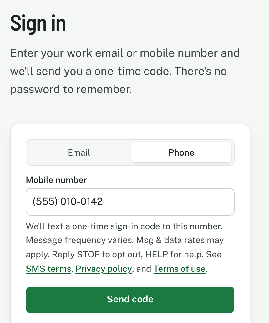 The LoadoutGuard sign-in screen with Phone selected: a mobile number field, the text message disclosure directly under it with links to SMS terms, Privacy policy, and Terms of use, and a "Send code" button.
